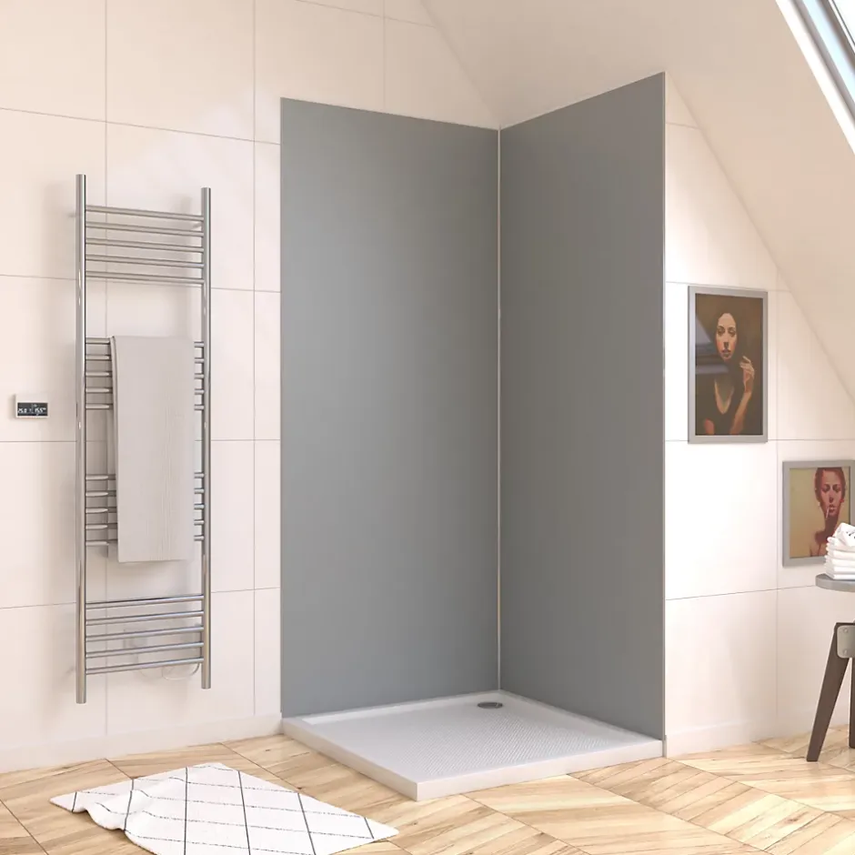 Pack de 2 panneaux muraux de salle de bains, gris avec profilés chromes, l.90+90 x H.210 x P.0,3 cm, Alucolors-Galedo New