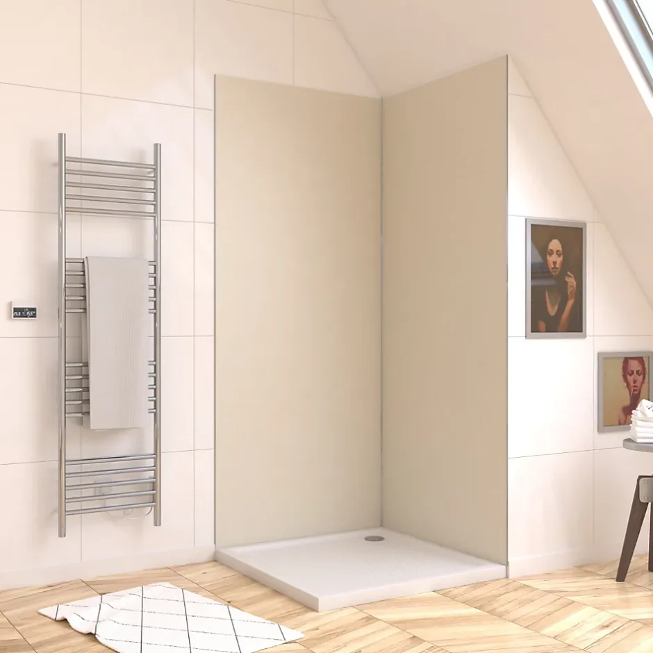 Galedo Pack de 2 panneaux muraux de salle de bains, ivoire avec profilés chromés, l.90+90 x H.210 x P.0,3 cm, Alucolors