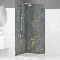 Galedo Pack de 2 panneaux muraux de salle de bains, gris et doré effet marbre avec profilés chromés, l.90+90 x H.210 x P.0,3 cm, Homestone