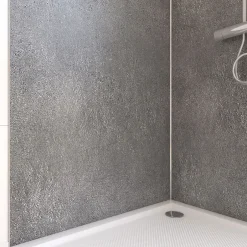 Galedo Pack de 2 panneaux muraux de salle de bains, gris foncé effet pierre avec profilés chromés, l.90+90 x H.210 x P.0,3 cm, Homestone