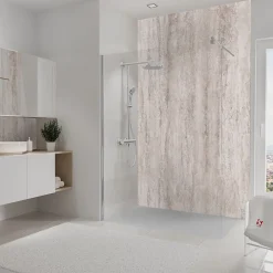 Pack de 2 panneaux muraux de salle de bains l.100 x H.210 cm, effet travertin beige structuré , DécoDesign Softtouch-Schulte Hot