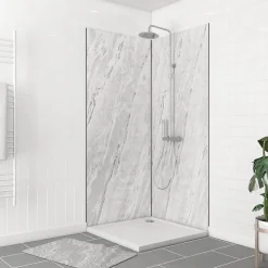 Pack de 2 panneaux muraux de salle de bains, blanc effet marbre avec profilés noirs, l.90+90 x H.210 x P.0,3 cm, Homestone-Galedo Hot