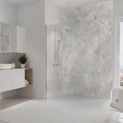 Pack de 2 panneaux muraux de salle de bains l.100 x H.255 cm, effet pierre gris et argenté , DécoDesign Softtouch-Schulte Discount