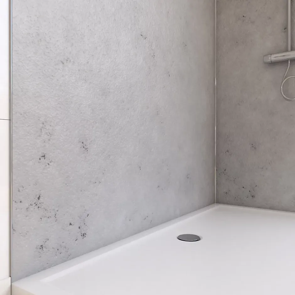 Galedo Pack de 2 panneaux muraux de salle de bains, gris effet pierre avec profilés chromés, l.120+90 x H.210 x P.0,3 cm, Homestone