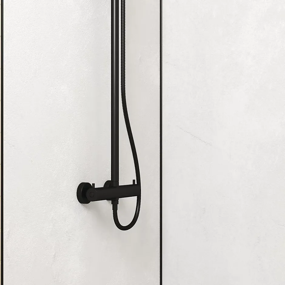 Pack de 2 panneaux muraux de salle de bains, blanc effet pierre avec profilés noirs, l.90+90 x H.210 x P.0,3 cm, Homestone-Galedo Discount