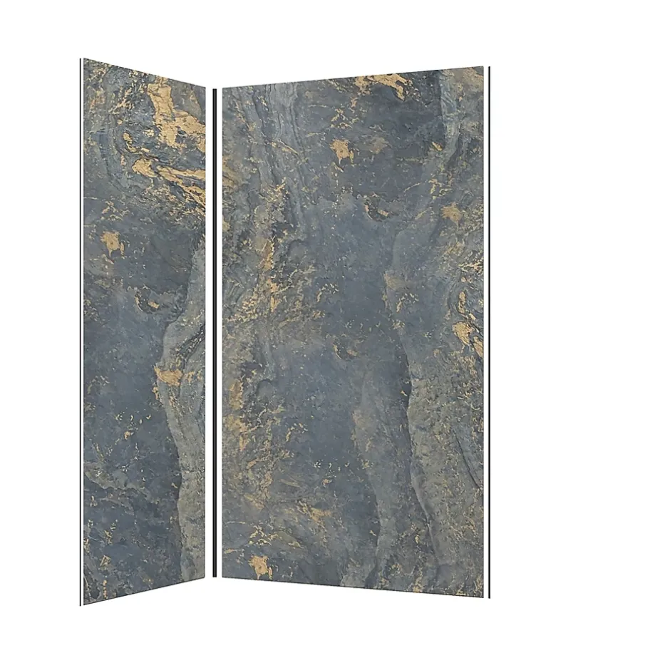 Galedo Pack de 2 panneaux muraux de salle de bains, gris et doré effet marbre avec profilés noirs, l.120+90 x H.210 x P.0,3 cm, Homestone