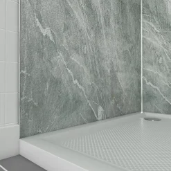 Pack de 2 panneaux muraux de salle de bains, vert effet pierre avec profilés chromés, l.90+90 x H.210 x P.0,3 cm, Homestone-Galedo