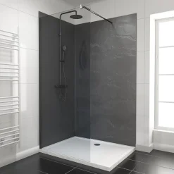 Galedo Pack de 2 panneaux muraux de salle de bains, gris foncé effet ardoise avec profilés noirs, l.120+90 x H.210 x P.0,3 cm, Homestone