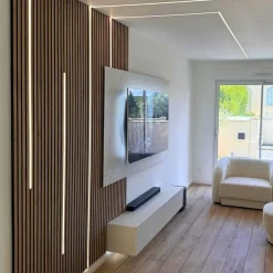 Silamp Panneau Acoustique Mural Tasseaux Noyer, Fond Noir - Échantillon 15x12 cm -