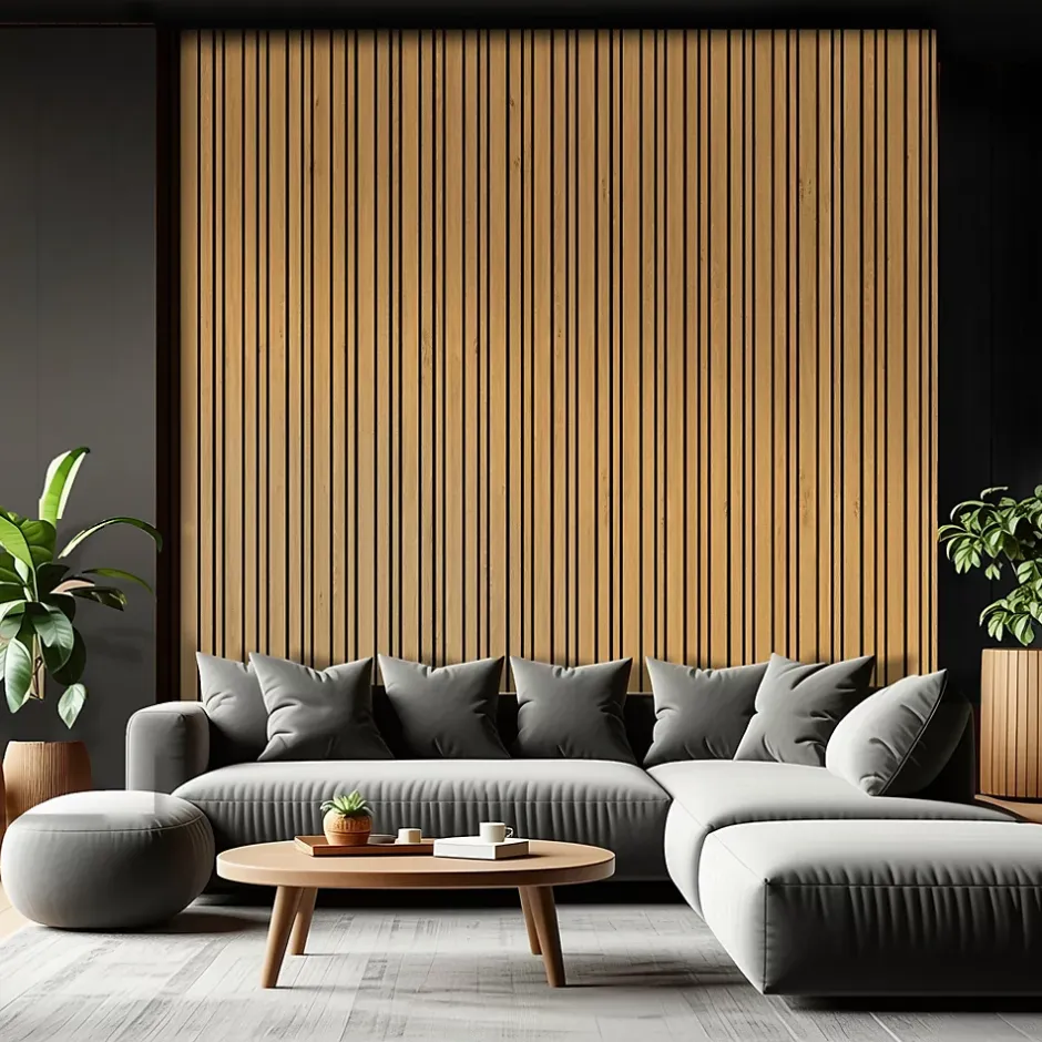 Foge Panneau Boa en MDF fond noir, tasseaux décor chêne Saragosse L. 280 x l 90 cm, ép. 2,1 cm