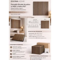 Panneau décoratif à lattes de bois, lattes en MDF et feutre PET, lot de 12 pièces, 60x60 cm, revêtement mural insonorisant, chêne.-Divina Home Online