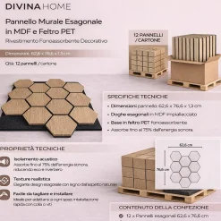 Divina Home Panneau décoratif bois MDF motif hexagonal/feutre PET, lot de 12 (62x76cm), mural insonorisant, chêne