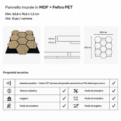 Divina Home Panneau décoratif bois MDF motif hexagonal/feutre PET, lot de 12 (62x76cm), mural insonorisant, chêne