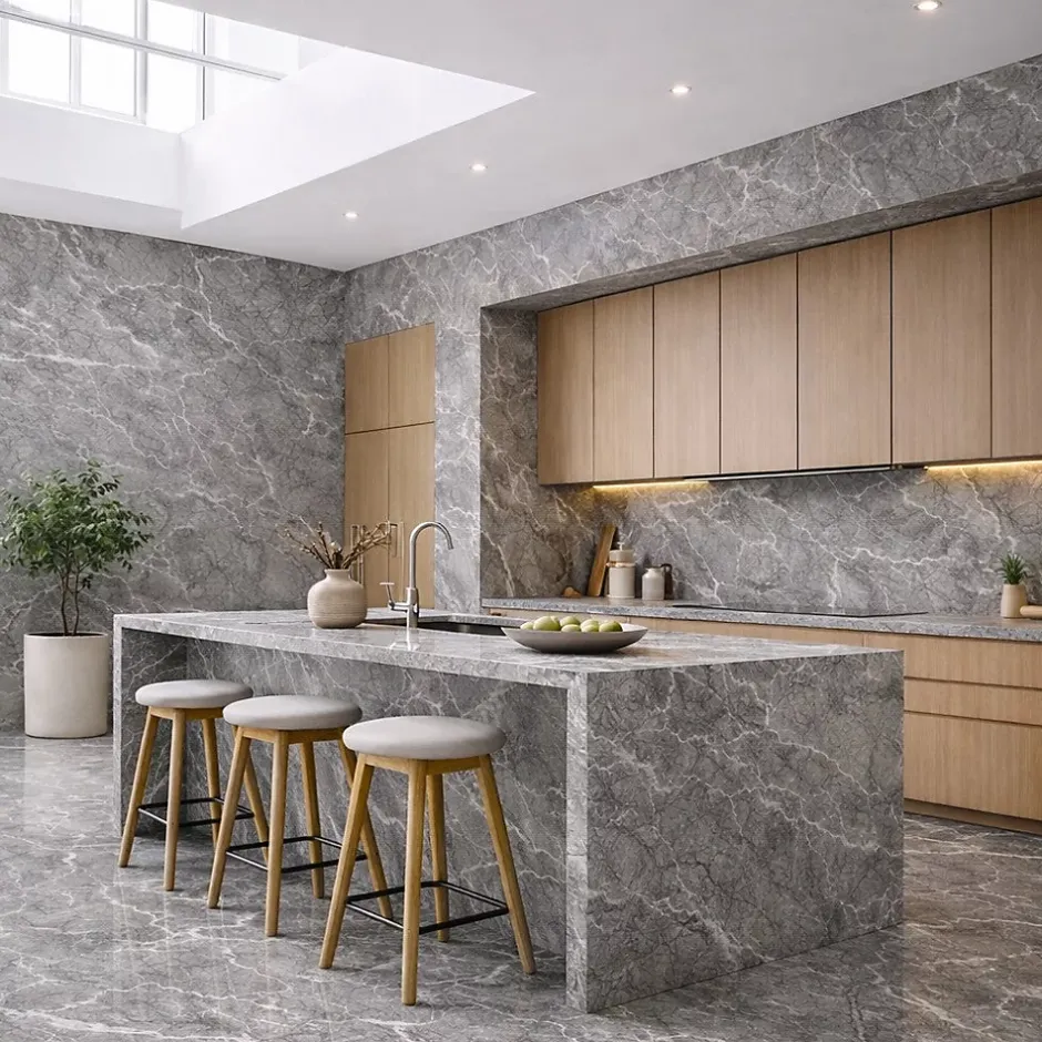 Divina Home Panneau décoratif en grès cérame effet marbre, lot de 6 pièces, revêtement mural PVC 4,3 m², finition UV, 120x60 cm, marbre gris