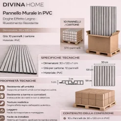 Divina Home Panneau décoratif en PVC imitation lattes de bois, lot de 10 pièces, 120x30 cm, revêtement mural chêne