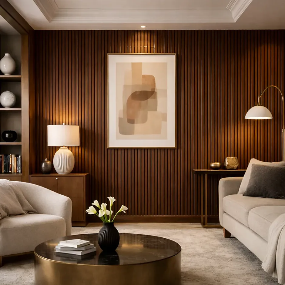 Panneau décoratif en PVC imitation lattes de bois, lot de 10 pièces, 120x30 cm, revêtement mural noyer clair-Divina Home Outlet