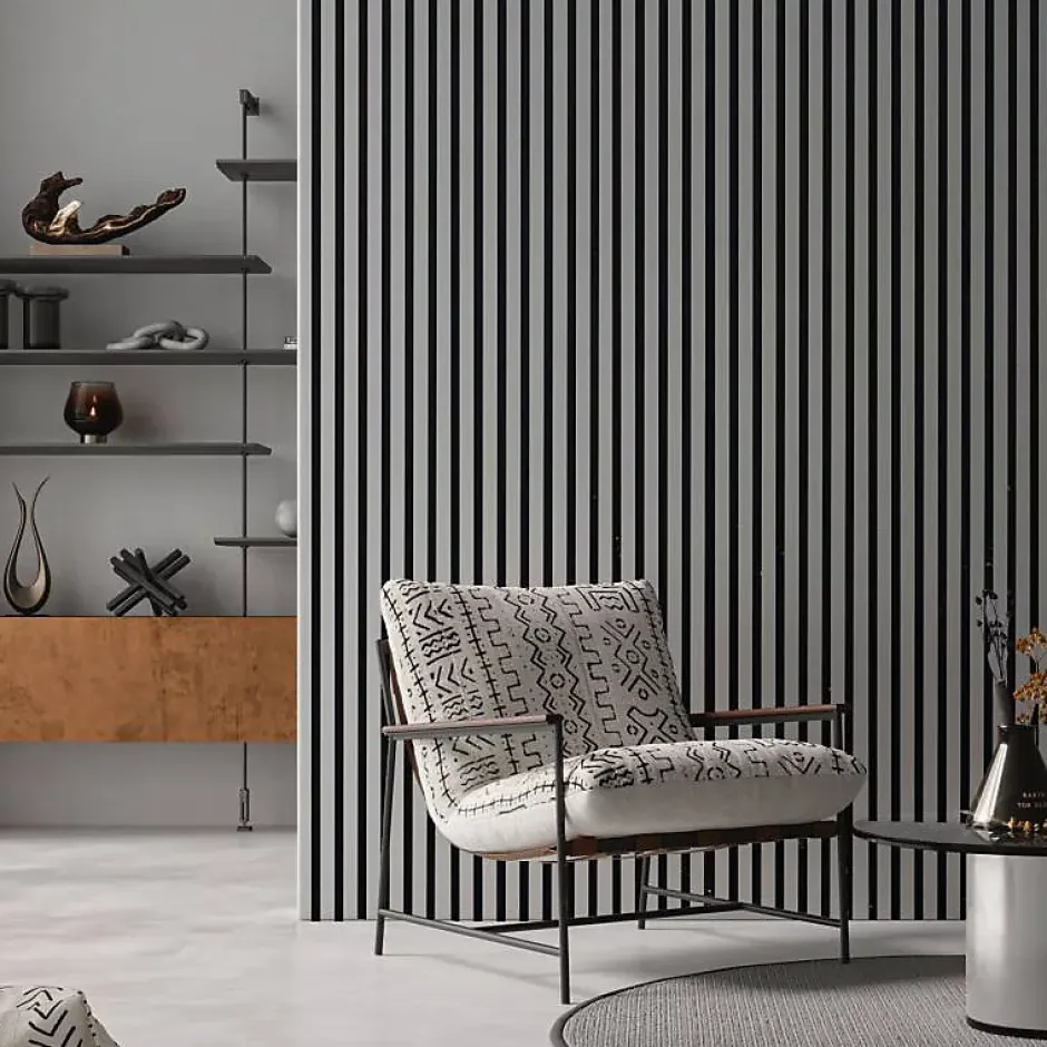 Decoon Panneau mural acoustique tasseaux bois 250 x 30 x 1,9 cm - Lamelles placage gris fond noir - 0,75m²