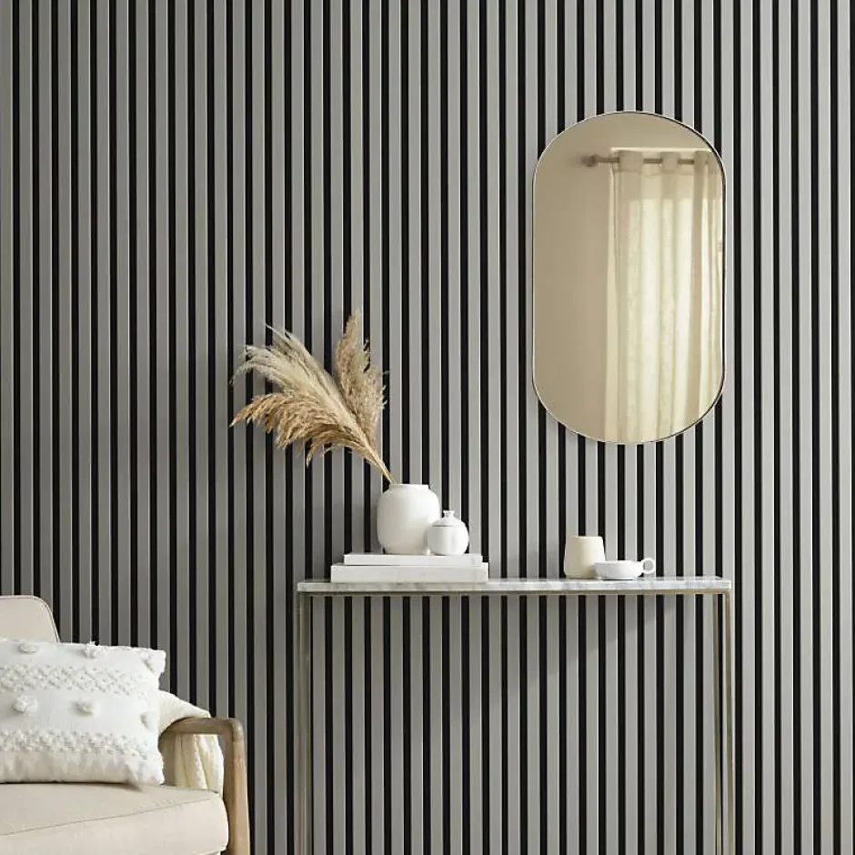 Decoon Panneau mural acoustique tasseaux bois 250 x 30 x 1,9 cm - Lamelles placage gris fond noir - 0,75m²