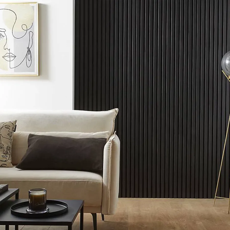 Decoon Panneau mural acoustique tasseaux bois 250 x 30 x 1,9 cm - Lamelles placage noir fond noir - 0,75m²