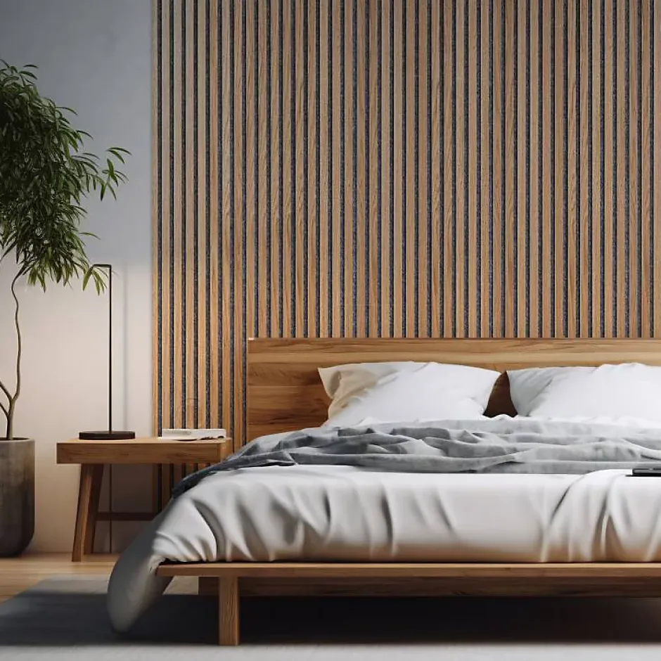 Decoon Panneau mural acoustique tasseaux bois 250 x 30 x 1,9 cm - Lamelles chêne clair véritable sur fond gris - 0,75m²