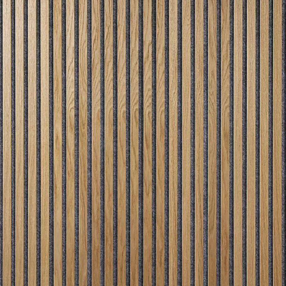Decoon Panneau mural acoustique tasseaux bois 250 x 30 x 1,9 cm - Lamelles chêne clair véritable sur fond gris - 0,75m²