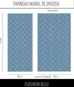Ma nouvelle décoration Panneau mural Alu Douche Salle de Bain CHEVRON BLEU MAT DROITE 120 cm x 210 cm