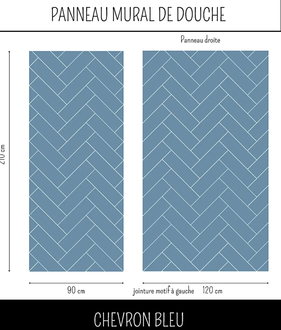Ma nouvelle décoration Panneau mural Alu Douche Salle de Bain CHEVRON BLEU MAT DROITE 120 cm x 210 cm