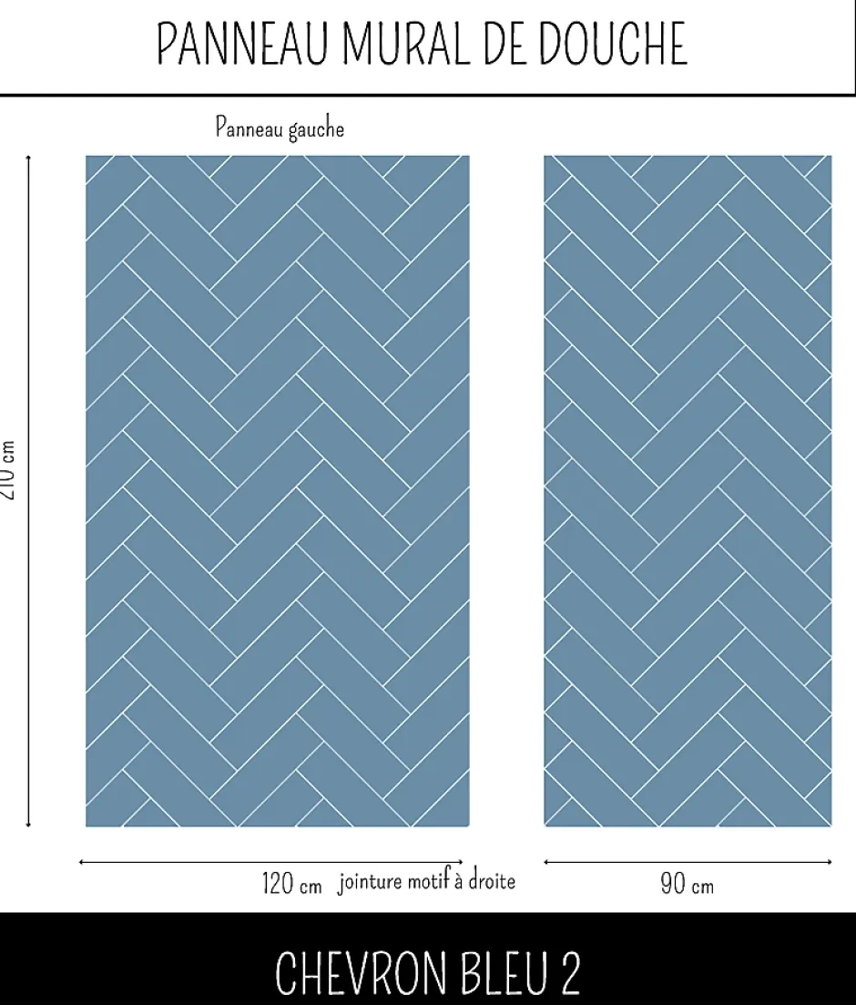 Ma nouvelle décoration Panneau mural Alu Douche Salle de Bain CHEVRON BLEU MAT DROITE 120 cm x 210 cm