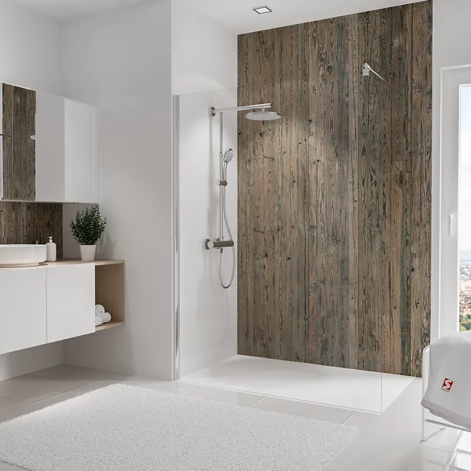 Panneau mural de salle de bains l.150x255 cm, décor bois, DécoDesign-Schulte Best