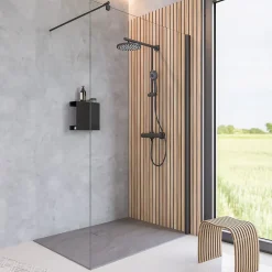 Panneau mural de salle de bains l.100 x H.210 cm, effet tasseaux bois chêne vertical, DécoDesign Japandi-Schulte New