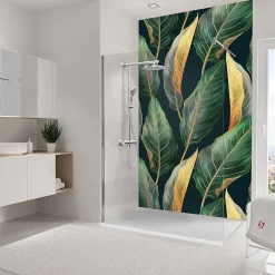 Panneau mural de salle de bains l.150 x H.255 cm, motifs feuilles bananier, DecoDesign-Schulte Discount