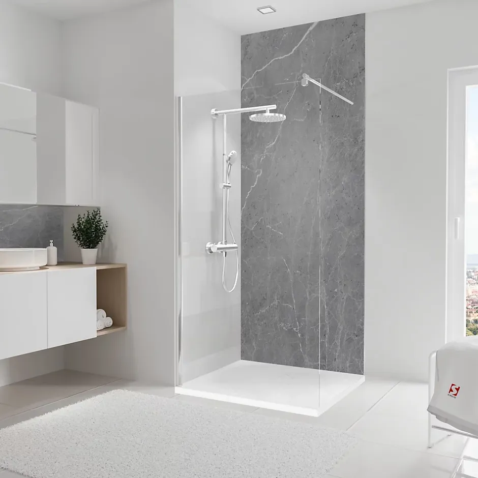 Panneau mural de salle de bain l.100 x H.255 cm, marbre gris, DécoDesign-Schulte New