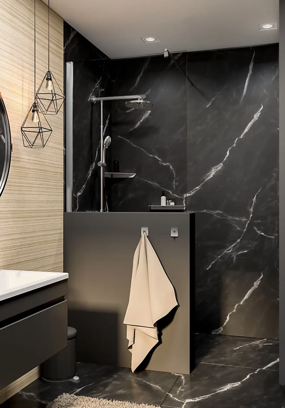 Schulte Panneau mural de salle de bains l.100x255 cm, décor marbre de Carrare noir Softtouch, DécoDesign