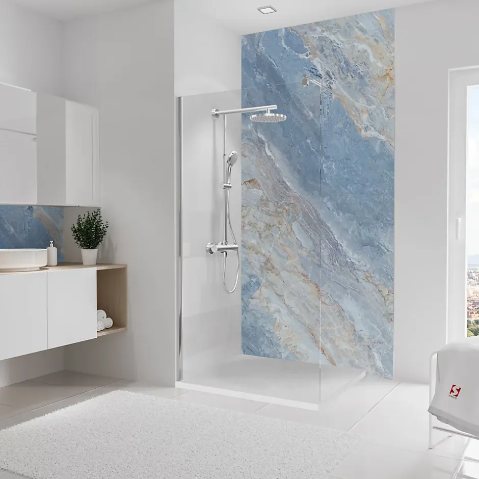 Panneau mural de salle de bains l.100 x H.210 cm, effet marbre bleu, DécoDesign Softtouch-Schulte Clearance