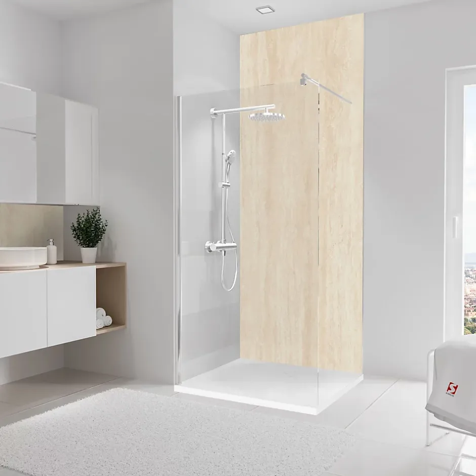 Panneau mural de salle de bains l.100 x H.255 cm, effet pierre calcaire, DecoDesign-Schulte Hot