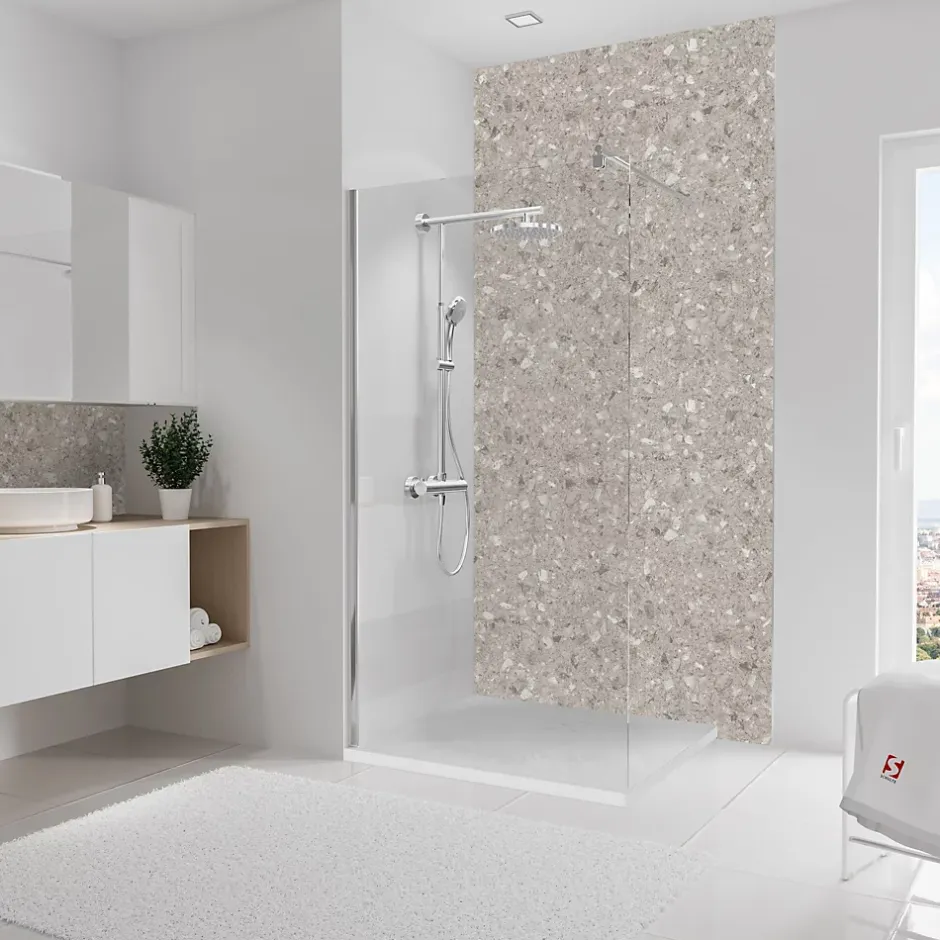 Schulte Panneau mural de salle de bains l.100 x H.255 cm, effet terrazzo greige, DécoDesign Softtouch