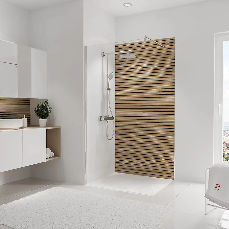 Panneau mural de salle de bains l.100 x H.210 cm, effet tasseaux bois chêne horizontal, DécoDesign Japandi-Schulte Online