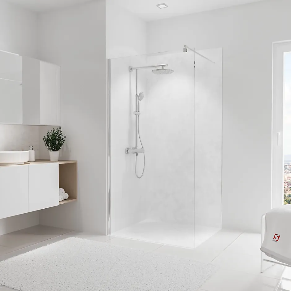 Panneau mural de salle de bains l.100 x H.210 cm, effet marbre blanc, DécoDesign-Schulte Outlet