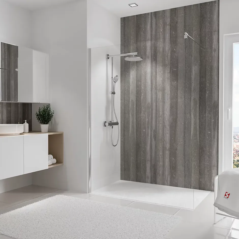 Panneau mural de salle de bains l.150x255 cm, décor béton, DécoDesign-Schulte Outlet