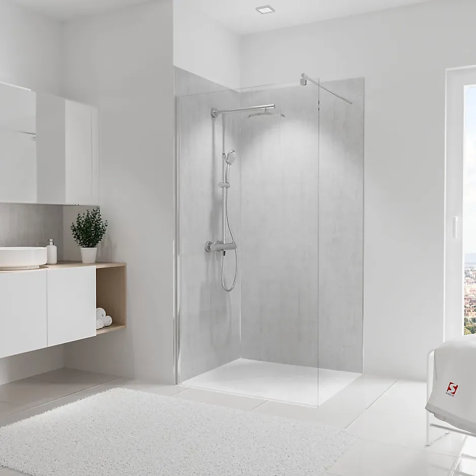 Panneau mural de salle de bains l.100 x H.210 cm, effet parement béton gris clair, Décodesign vendu par 2-Schulte Sale