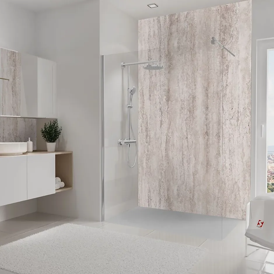 Panneau mural de salle de bains l.100 x H.210 cm, effet travertin beige structuré, DécoDesign Softtouch-Schulte New