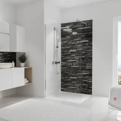 Panneau mural de salle de bains l.100 x H.210 cm, effet parement pierre gris, DécoDesign-Schulte