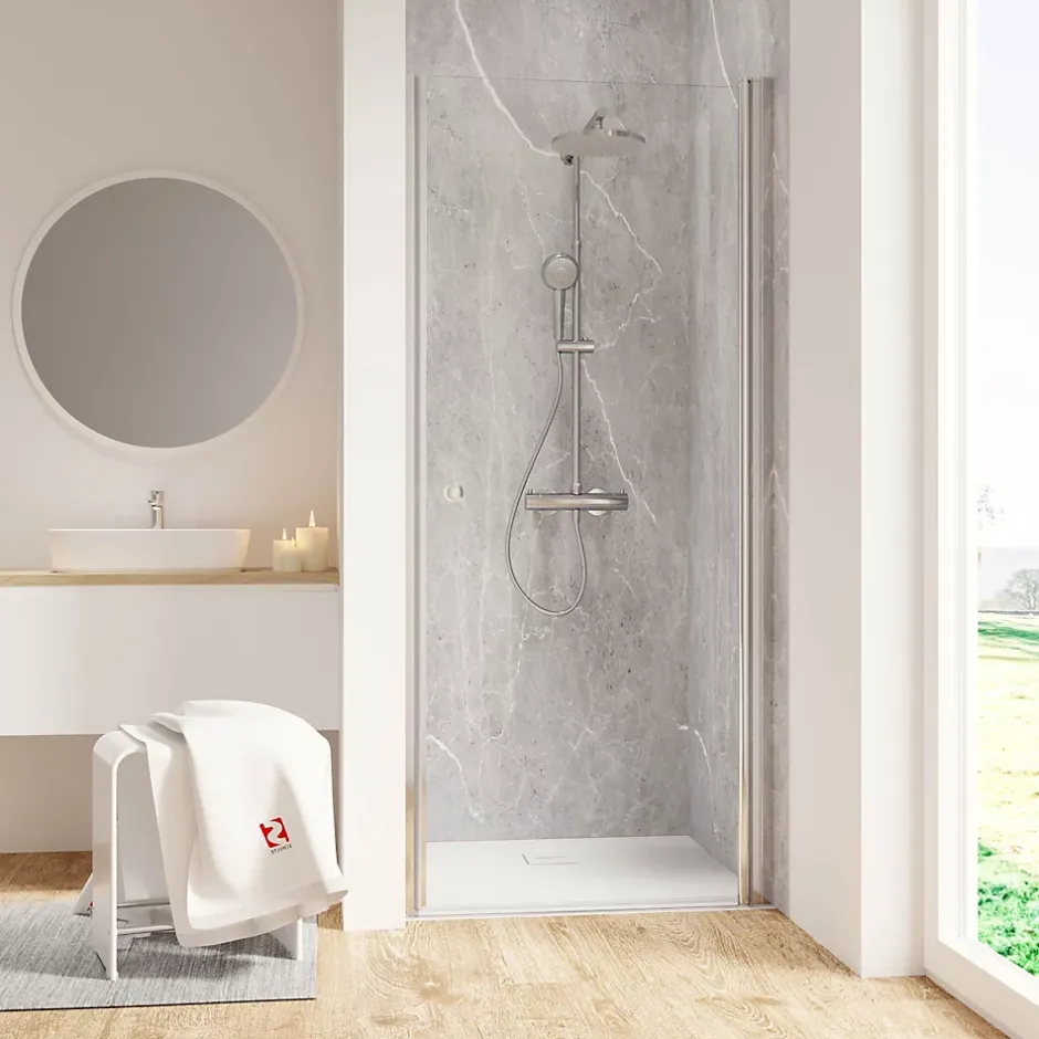 Panneau mural de salle de bains l.150 x H.255 cm, effet pierre gris clair, DécoDesign-Schulte Outlet