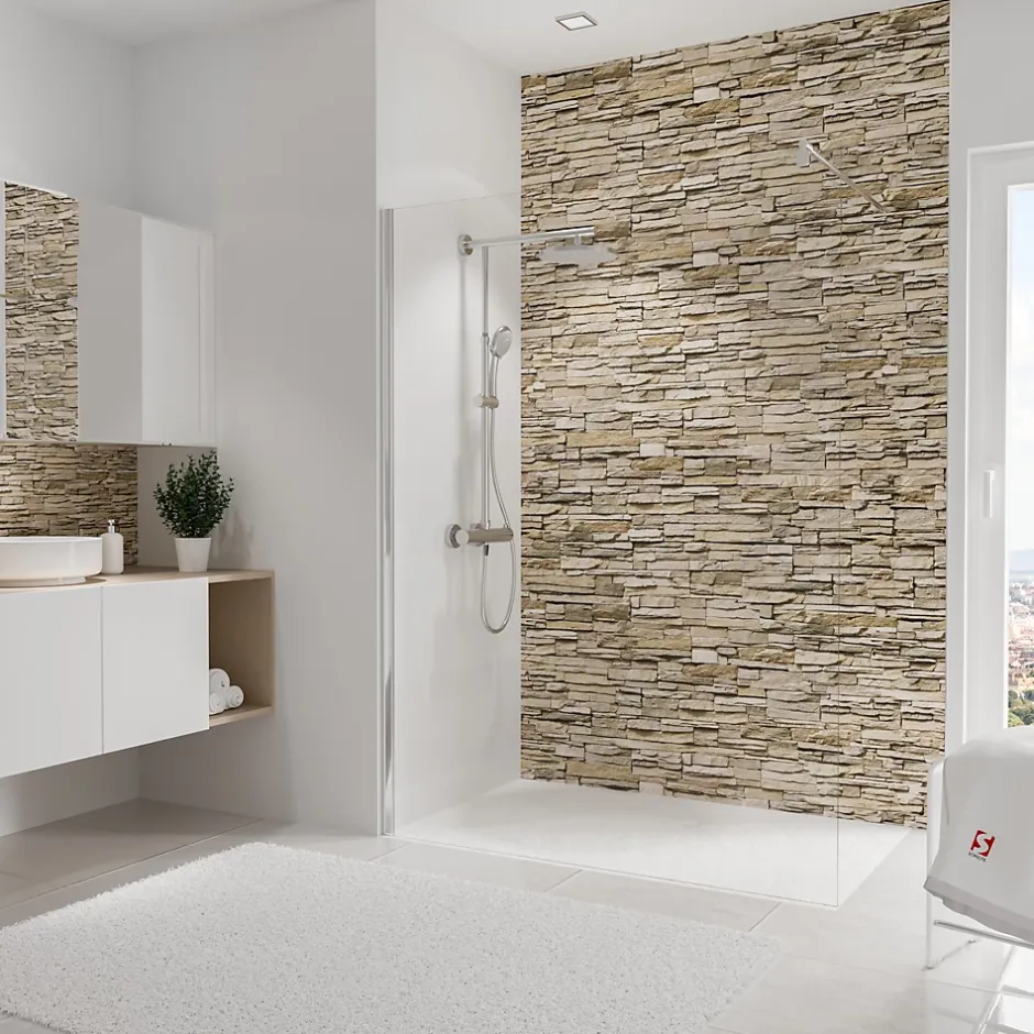 Schulte Panneau mural de salle de bains l.150 x H.255 cm, effet parement pierre beige, DécoDesign