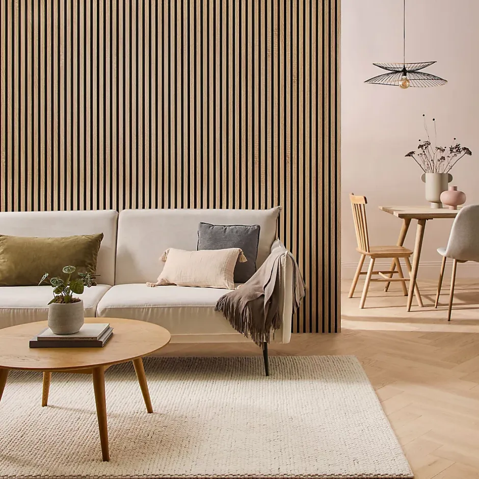 Panneau tasseau mural acoustique décoratif en MDF - effet bois chêne clair, H.250 x l.30cm-Vertigo Best