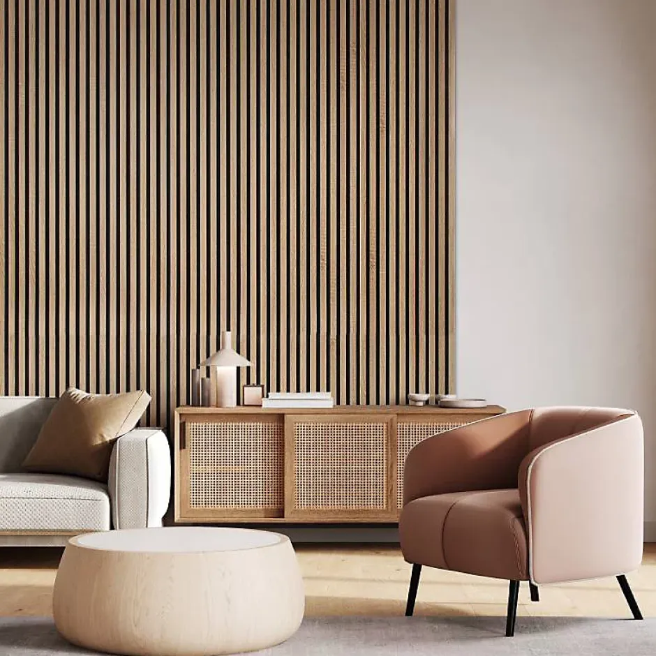 Panneau tasseaux bois 250 x 30 x 1,4 cm décor chêne / fond rigide noir - 0,75m²-Decoon Hot