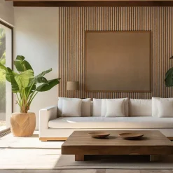 Decoon Panneau tasseaux bois 250 x 30 x 1cm - Lamelles chêne clair véritable fond gris - 0,75m²