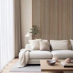 Decoon Panneau tasseaux bois 250 x 30 x 1cm - Lamelles chêne clair véritable fond noir - 0,75m²