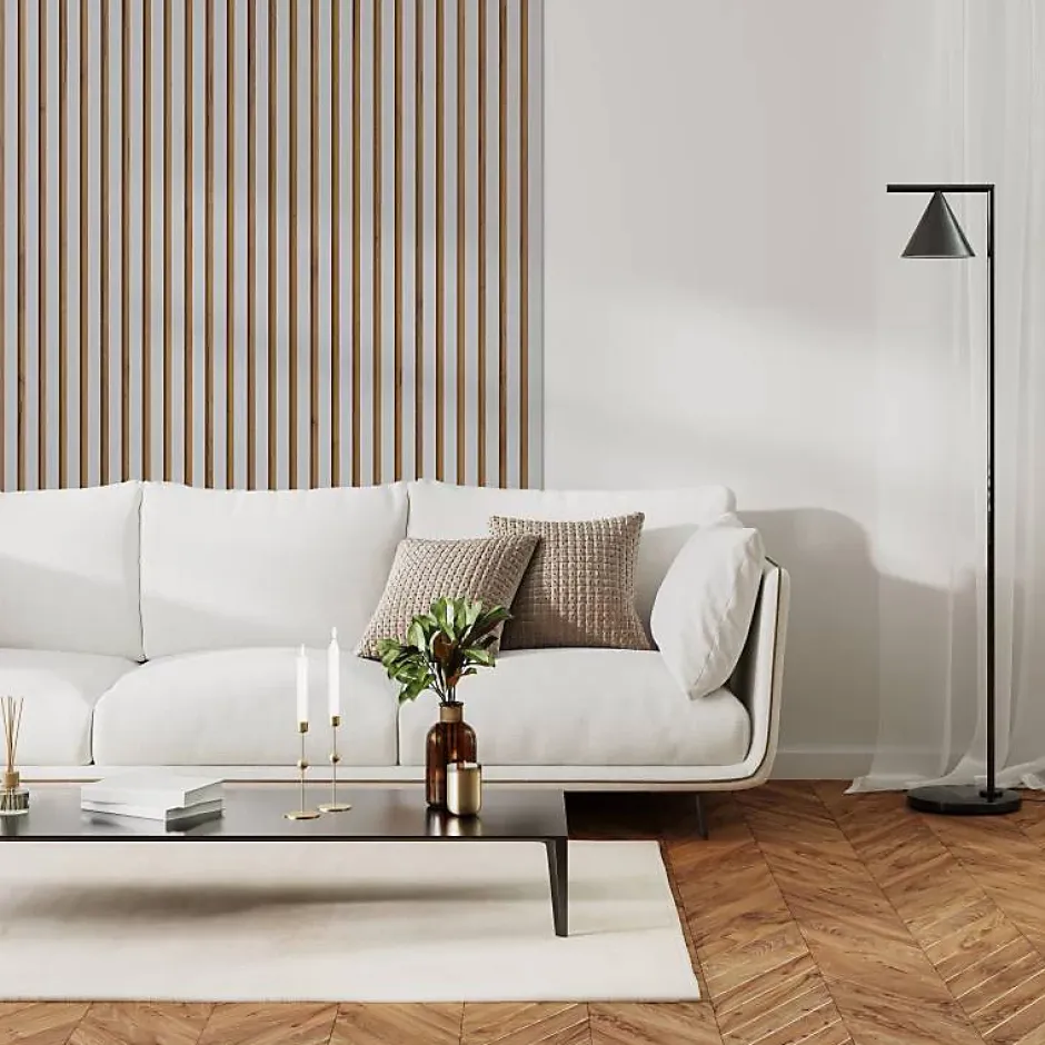 Panneau tasseaux bois 250 x 30 x 1,4 cm décor blanc / fond rigide chêne - 0,75m²-Decoon Outlet