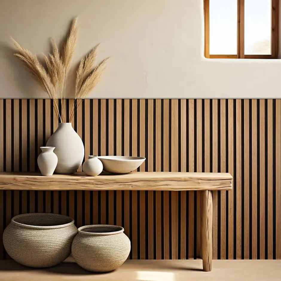 Panneau tasseaux bois 120 x 30 x 1cm - Lamelles chêne doré véritable fond noir - 0,36m²-Decoon Best